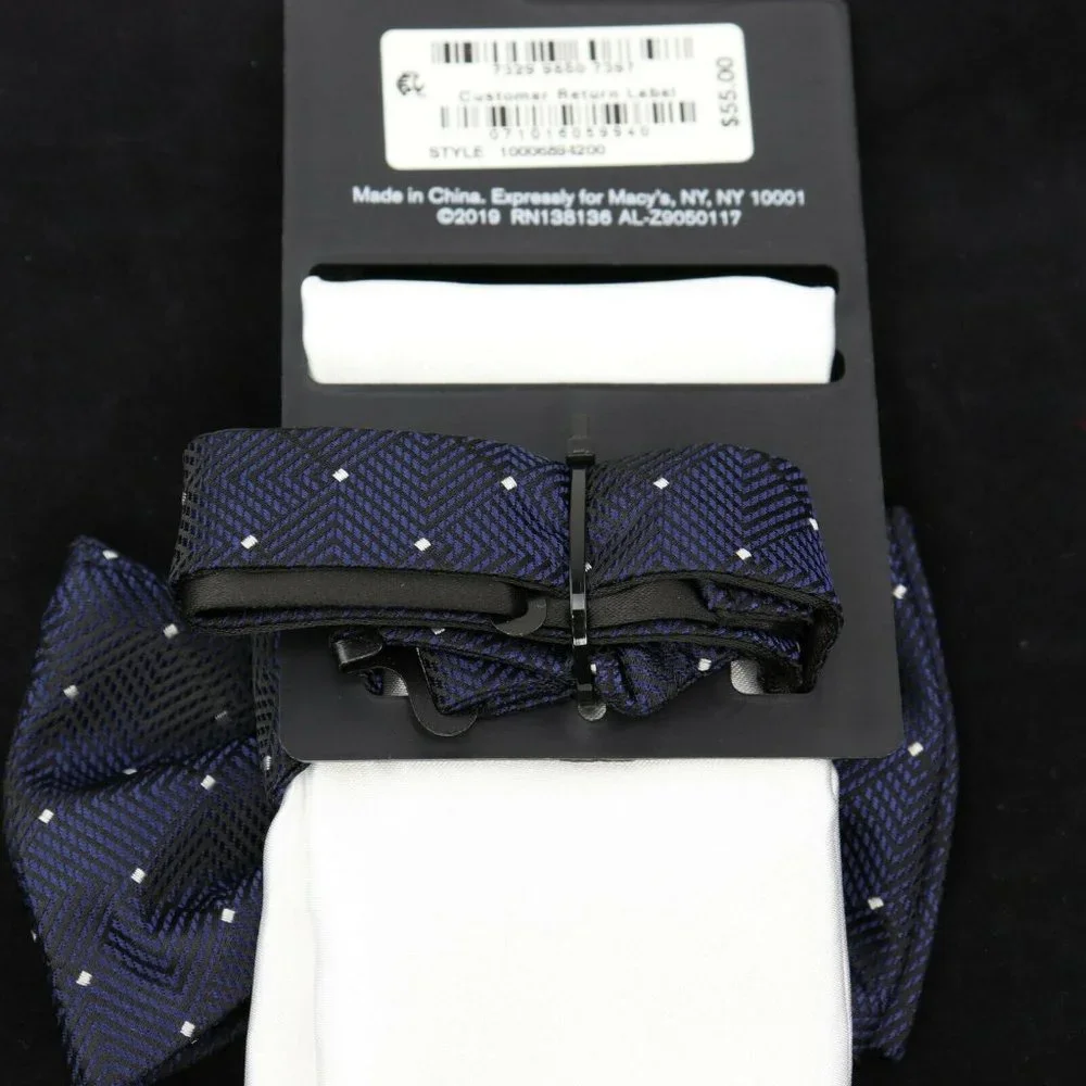 Alfani Solid Textured Pre-Tied Grid Navy Bow Dot Tie & White Pocket Square Set